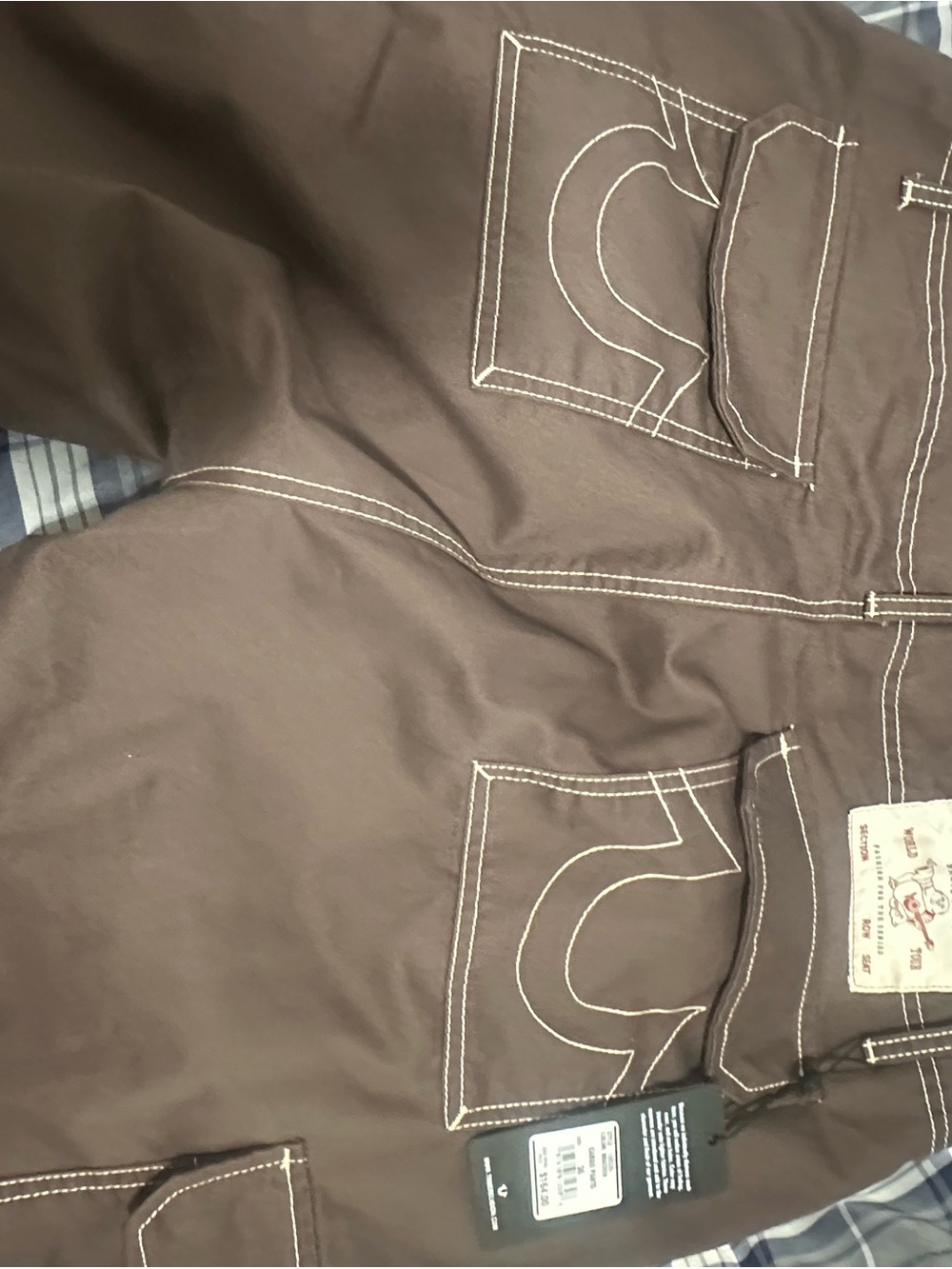 True Religion Brown Cargo Pants with White Contrast Stitching